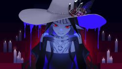 Rule 34 | 1girl, bare shoulders, be my guest (vocaloid), black hair, claw ring, ear ornament, grin, hat, highres, long hair, looking at viewer, official art, original, pointy ears, puffy sleeves, red eyes, sleeves past wrists, smile, solo, vocaloid, witch hat, yomiya sateko