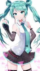 Rule 34 | 1girl, alternate hairstyle, aqua eyes, aqua hair, aqua nails, aqua necktie, bare shoulders, black skirt, black sleeves, black thighhighs, blouse, commentary, contrapposto, cowboy shot, detached sleeves, earrings, hair ornament, hair rings, twirling hair, hand on own hip, hatsune miku, hatsune miku (vocaloid4), highres, itogari, jewelry, long hair, miniskirt, nail polish, necktie, pleated skirt, project sekai, see-through, see-through sleeves, shirt, shoulder tattoo, skinny, skirt, sleeveless, sleeveless shirt, smile, solo, tattoo, thighhighs, triangle, twintails, v4x, very long hair, vivid bad squad miku, vocaloid, white background, white shirt, zettai ryouiki