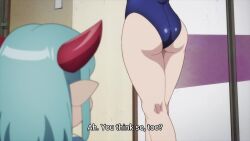 Rule 34 | 2girls, animated, anime screenshot, ass, blue eyes, blue hair, blue one-piece swimsuit, demon girl, demon horns, glasses, green hair, highres, horns, huge ass, long hair, lv1 maou to one room yuusha, maou (lv1 maou to one room yuusha), mirror, multiple girls, one-piece swimsuit, pointy ears, reflection, screencap, shirt, shirt under swimsuit, sidelocks, sound, subtitled, swimsuit, thighs, video, white shirt, zenia (lv1 maou to one room yuusha)