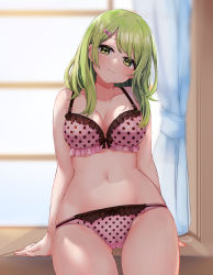 Rule 34 | 1girl, blush, bow, bra, breasts, closed mouth, commentary request, curtains, festa11307070, green eyes, green hair, hair bow, light smile, looking at viewer, medium breasts, medium hair, morinaka kazaki, navel, nijisanji, panties, pink bow, pink bra, pink panties, polka dot, polka dot bra, polka dot panties, smile, solo, underwear, underwear only, virtual youtuber, window