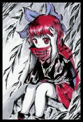 Rule 34 | 1girl, absurdres, black border, black shirt, blue bow, blue cape, border, bow, cape, covered mouth, fingernails, hair bow, hand on own head, highres, medinki, red cape, red eyes, red hair, red skirt, sekibanki, shirt, short hair, sitting, skirt, solo, touhou, traditional media, two-sided fabric, two-tone cape