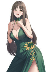 Rule 34 | 1girl, :d, absurdres, bare arms, bare shoulders, black survival, breasts, brown hair, character request, choker, cleavage, cowboy shot, dress, eternal return: black survival, green choker, green dress, green eyes, hands up, highres, large breasts, long hair, looking at viewer, open mouth, ptal, side slit, simple background, sleeveless, sleeveless dress, smile, solo, standing, very long hair, white background