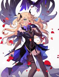 Rule 34 | 1girl, black nails, blonde hair, bow, bowtie, bridal gauntlets, emmikn, eyepatch, falling petals, fischl (genshin impact), flower, garter straps, genshin impact, gloves, green eyes, hand up, highres, holding, holding flower, leotard, long hair, open mouth, oz (genshin impact), petals, red flower, simple background, single glove, sleeveless, solo, thighhighs, twintails, white background
