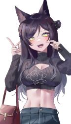 Rule 34 | 1girl, absurdres, animal ear fluff, animal ears, bag, black hair, black pants, blush, breasts, cleavage, cleavage cutout, clothing cutout, evil smile, fang, fox girl, hair bun, handbag, highres, large breasts, long hair, long sleeves, looking at viewer, meme attire, meridian project, midriff, nail polish, navel, open-chest sweater, open mouth, pants, parted bangs, ribbed sweater, seki (vtuber), simple background, single hair bun, skin fang, slit pupils, smile, solo, stomach, sweater, tokkieee qian, toned, turtleneck, virtual youtuber, white background, yellow eyes, yellow nails