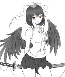 Rule 34 | 1girl, arms behind back, breasts, collared shirt, cowboy shot, eyelashes, feathered wings, greyscale, hat, highres, impossible clothes, impossible shirt, katana, large breasts, looking at viewer, midriff, miniskirt, monochrome, navel, parted lips, pleated skirt, pointy ears, pom pom (clothes), print shirt, raptor7, red eyes, scabbard, shameimaru aya, sheath, sheathed, shirt, simple background, sketch, skirt, sleeves rolled up, solo, spot color, sword, tokin hat, touhou, weapon, wings