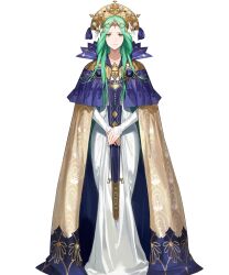 Rule 34 | 1girl, cape, closed mouth, collarbone, crown, dress, female focus, fire emblem, fire emblem: three houses, fire emblem heroes, flower, full body, gold trim, green eyes, green hair, hair ornament, highres, jewelry, light smile, long dress, long hair, long skirt, long sleeves, looking at viewer, matching hair/eyes, nintendo, official art, own hands together, parted bangs, rhea (fire emblem), skirt, sleeves past wrists, solo, standing, transparent background, white dress, zonotaida