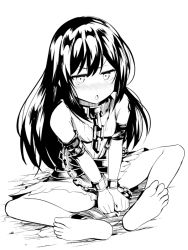 Rule 34 | 1girl, bare shoulders, barefoot, beleth (megido72), between legs, blush, chain, chestnut mouth, collar, cuffs, dress, edobox, full body, greyscale, hair between eyes, hand between legs, long hair, looking at viewer, megido72, monochrome, nose blush, on ground, parted lips, sitting, sleeveless, sleeveless dress, soles, solo, spread legs, very long hair, white background