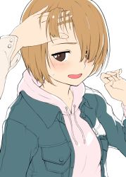 Rule 34 | 1girl, blue jacket, blush, brown eyes, brown hair, commentary request, fingernails, hair over one eye, hand on another&#039;s head, hand up, hi iro, hood, hoodie, jacket, long sleeves, looking at viewer, nervous smile, open mouth, short hair, simple background, smile, solo focus, upper body, white background, white hoodie
