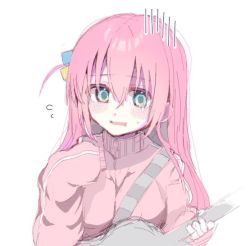 Rule 34 | 1girl, blue eyes, bocchi the rock!, cube hair ornament, electric guitar, gotoh hitori, guitar, hair between eyes, hair ornament, hair over eyes, holding, holding instrument, instrument, jacket, long hair, nervous smile, one side up, open mouth, pink hair, pink jacket, pipi23, simple background, smile, solo, sweatdrop, track jacket, white background
