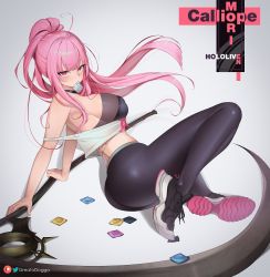 Rule 34 | 1girl, ahoge, arm support, black choker, breasts, character name, choker, condom, condom in mouth, condom wrapper, crop top, floating hair, full body, greatodoggo, highres, holding, holding scythe, hololive, hololive english, large breasts, long hair, looking at viewer, mori calliope, mori calliope (streetwear), mouth hold, off shoulder, pink eyes, pink hair, ponytail, scythe, shoes, solo, twitter logo, virtual youtuber