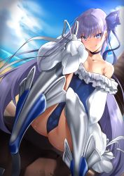 Rule 34 | 1girl, absurdres, andou you, armor, ass, bare shoulders, blue eyes, blue one-piece swimsuit, blue ribbon, blue sky, blush, breasts, choker, closed mouth, collarbone, day, fate/grand order, fate (series), frills, greaves, hair between eyes, hair ribbon, highleg, highleg swimsuit, highres, licking lips, long hair, long sleeves, looking at viewer, meltryllis, meltryllis (fate), meltryllis (swimsuit lancer) (fate), meltryllis (swimsuit lancer) (second ascension) (fate), one-piece swimsuit, puffy sleeves, purple hair, ribbon, sitting, sky, sleeves past fingers, sleeves past wrists, small breasts, smile, solo, swimsuit, thighs, tongue, tongue out, very long hair
