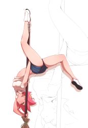 Rule 34 | 1girl, absurdres, amanda o&#039;neill, aqua eyes, bare legs, blue shorts, blush, breasts, broom, commentary, english commentary, full body, highres, legs, little witch academia, looking at viewer, midriff, naughty face, pink hair, pole dancing, pudgeruffian, shoes, short hair, short shorts, shorts, small breasts, smile, sneakers, solo, upside-down, zoom layer