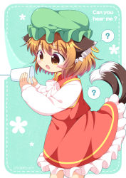 Rule 34 | 1girl, ?, animal ears, bow, brown eyes, brown hair, cat ears, cat tail, chen, dress, earrings, english text, fang, green hat, hat, jewelry, long sleeves, mob cap, multiple tails, nekomata, open mouth, pila-pela, red dress, short hair, single earring, solo, spoken question mark, string phone, tail, touhou, two tails