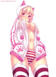 Rule 34 | 1girl, :o, animal ears, animal hood, artist name, blonde hair, blush, breasts, cameltoe, cat hood, colored eyelashes, covered erect nipples, double vertical stripe, drawstring, fake animal ears, gluteal fold, hair between eyes, hands in pockets, highres, hood, hood up, hoodie, large breasts, long hair, long sleeves, looking at viewer, naala, navel, no bra, nose blush, nottytiffy, open clothes, open hoodie, open mouth, original, panties, paw print, pom pom (clothes), red eyes, shirt, simple background, slit pupils, solo, stomach, striped clothes, striped panties, striped thighhighs, thighhighs, thighs, underwear, watermark, web address, white background, white hoodie
