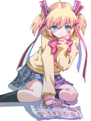 Rule 34 | 1girl, akayama yukihe, angry, aqua eyes, between legs, black socks, blonde hair, blush, bow, closed mouth, commentary, drop shadow, failure, foot out of frame, grey skirt, hair ornament, hair ribbon, hand between legs, hand on own cheek, hand on own face, highres, holding, holding paper, kamikita komari, kneehighs, little busters!, long ribbon, looking down, medium hair, miniskirt, paper, pink bow, plaid, plaid skirt, pleated skirt, red ribbon, ribbon, simple background, sitting, skirt, sleeves past wrists, socks, solo, sound effects, star (symbol), star hair ornament, sweater, tearing up, tears, academic test, test score, two side up, v-shaped eyebrows, wavy mouth, white background, yellow sweater, yokozuwari