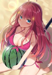 Rule 34 | 1girl, :t, ahoge, ball, bare arms, bare legs, bare shoulders, barefoot, beach, beachball, bikini, blue eyes, blush, breasts, cleavage, closed mouth, collarbone, commentary request, day, front-tie bikini top, front-tie top, go-toubun no hanayome, hair between eyes, hair ornament, highres, large breasts, long hair, looking at viewer, mizuki ryuu, nakano itsuki, outdoors, pout, red bikini, red hair, sand, side-tie bikini bottom, sitting, soles, solo, star (symbol), star hair ornament, swimsuit, transparent, very long hair
