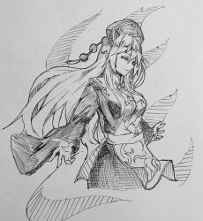 Rule 34 | 1girl, breasts, closed mouth, commentary, dress, greyscale, half-closed eyes, headdress, highres, junko (touhou), kanaria (bocmn), long hair, long sleeves, medium breasts, monochrome, one-hour drawing challenge, simple background, sketch, solo, tabard, touhou, traditional media, wide sleeves