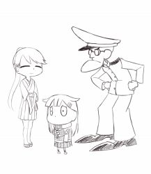 Rule 34 | 10s, 1boy, 2girls, admiral (kancolle), aminji (liaoumen), courage the cowardly dog, crossover, eustace bagge, frown, glasses, greyscale, hair ornament, hairclip, hands on own hips, houshou (kancolle), japanese clothes, kantai collection, kimono, long hair, monochrome, multiple girls, ponytail, sandals, scarf, simple background, smile, toon (style), white background, yuudachi (kancolle)