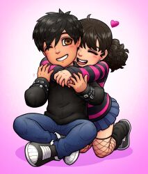 Rule 34 | absurdres, black hair, black jacket, blue pants, bracelet, brown eyes, closed eyes, commentary, english commentary, fishnet thighhighs, fishnets, grin, highres, indian style, jacket, jewelry, kneeling, loose socks, miniskirt, one eye closed, open mouth, original, pants, renedraws, shirt, shoes, sitting, skirt, smile, sneakers, socks, spiked bracelet, spikes, striped clothes, striped shirt, thighhighs