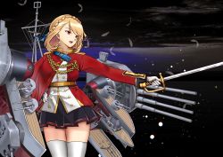 Rule 34 | azur lane, blonde hair, braid, cape, chain, epaulettes, feathers, french braid, gloves, hand on own hip, highres, holding, holding sword, holding weapon, night one, open mouth, prince of wales (azur lane), red eyes, rigging, short hair, skindentation, skirt, solo, sword, thighhighs, thighs, turret, weapon, white gloves, white thighhighs, zettai ryouiki