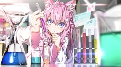 Rule 34 | 1girl, akira irodori, animal ears, blurry, blurry background, blush, commentary request, hakui koyori, highres, hololive, lab coat, long hair, looking at viewer, nail polish, navel, necktie, paper, pink hair, purple eyes, solo, table, test tube, thinking, virtual youtuber