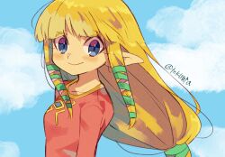 Rule 34 | 1girl, :d, blonde hair, blue eyes, blunt bangs, collarbone, commentary request, dress, hair ribbon, highres, jewelry, long hair, nintendo, open mouth, pink dress, pointy ears, princess zelda, ribbon, sitting, sky, smile, solo, the legend of zelda, the legend of zelda: skyward sword, tokuura, tress ribbon
