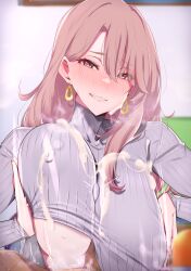 Rule 34 | 1girl, absurdres, andou you, breasts, breasts squeezed together, earrings, highres, huge breasts, jewelry, long hair, mature female, oshi no ko, paizuri, paizuri under clothes, penis, pink hair, pov, ribbed sweater, saitou miyako, smile, sweater