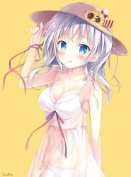 Rule 34 | 10s, 1girl, :d, bare shoulders, blue eyes, blush, bra, breasts, cleavage, commentary request, dress, flower, hand on headwear, hat, hat ribbon, highres, kantai collection, kashima (kancolle), large breasts, long hair, navel, open mouth, panties, ribbon, see-through, side-tie panties, sidelocks, silver hair, smile, solo, sousouman, straw hat, sun hat, sunflower, tsurime, twintails, underwear, wavy hair, white bra, white dress, white panties, wrist ribbon