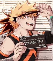 Rule 34 | 1boy, artist name, athena av, bakugou katsuki, barbie (franchise), barbie (live action), barbie mugshot (meme), blonde hair, boku no hero academia, commentary, detached sleeves, english commentary, height chart, highres, looking at viewer, male focus, meme, mugshot, multicolored hair, red eyes, solo, spiked hair, split-color hair, superhero costume, teeth, tongue, tongue out
