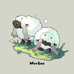 Rule 34 | blanco026, character name, commentary request, creatures (company), closed eyes, flower, game freak, gen 8 pokemon, grass, grey background, looking up, nintendo, no humans, open mouth, pokemon, pokemon (creature), sheep, sleeping, smile, standing, tongue, wooloo