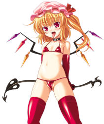 Rule 34 | 1girl, :p, alternate costume, aoi masami, arms behind back, bare shoulders, bikini, blonde hair, blush, cameltoe, collar, collarbone, cowboy shot, crystal, elbow gloves, embodiment of scarlet devil, female focus, flandre scarlet, flat chest, g-string, gloves, hair between eyes, halterneck, hat, laevatein, legs apart, micro bikini, mob cap, navel, open mouth, panties, partially visible vulva, pink hat, pussy, red bikini, red eyes, red thighhighs, side ponytail, simple background, skindentation, solo, standing, string bikini, swimsuit, thighhighs, thong, tongue, tongue out, touhou, underwear, wings