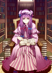 Rule 34 | 1girl, armchair, blunt bangs, book, book stack, bookshelf, bow, capelet, chair, crescent, dress, female focus, hat, highres, indoors, library, long hair, looking at viewer, mizuryu kei, nightgown, patchouli knowledge, purple dress, purple eyes, purple hair, room, sitting, slippers, solo, striped, sunlight, touhou, vertical stripes, very long hair, voile, window