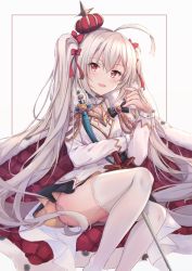 Rule 34 | 1girl, :d, ahoge, azur lane, blush, cape, crown, fur-trimmed cape, fur trim, hakuya (white night), highres, holding, long hair, looking at viewer, open mouth, red eyes, ribbon, silver hair, smile, solo, thighhighs, twintails, valiant (azur lane), very long hair, white thighhighs, zettai ryouiki