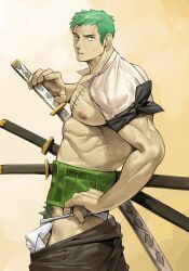 Rule 34 | 1boy, abs, absurdres, bandana around arm, bara, bare pectorals, clothes pull, cowboy shot, fighting stance, from side, fundoshi, green hair, highres, japanese clothes, large pectorals, looking at viewer, male focus, medium sideburns, muscular, muscular male, nipples, one piece, paid reward available, pants, pants pull, pectorals, penis, penis peek, ready to draw, roronoa zoro, scar, scar across eye, short hair, standing, sweatdrop, uza (hellme)
