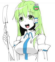 Rule 34 | 1girl, :d, ahoge, bad id, bad twitter id, bare shoulders, breasts, detached sleeves, eyebrows, frog hair ornament, gohei, green hair, hair ornament, hair tubes, holding, kochiya sanae, limited palette, long hair, long sleeves, medium breasts, nontraditional miko, oonusa, open mouth, ribbon trim, shiori (moechin), simple background, sketch, smile, snake hair ornament, solo, taut clothes, tears, teeth, touhou, upper body, white background, wide sleeves