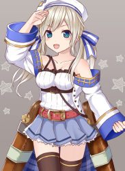 Rule 34 | 10s, 1girl, bare shoulders, beret, black thighhighs, blonde hair, blue eyes, cucouroux (granblue fantasy), granblue fantasy, hat, ikeda yuuki, long hair, long sleeves, looking at viewer, open mouth, solo, standing, thighhighs, twintails