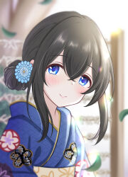 Rule 34 | 1girl, absurdres, black hair, blue eyes, blue kimono, blush, closed mouth, commentary, commentary request, floral print, flower, hair flower, hair ornament, hair up, hanilz, highres, idolmaster, idolmaster cinderella girls, japanese clothes, kimono, looking at viewer, sagisawa fumika, smile, solo, upper body