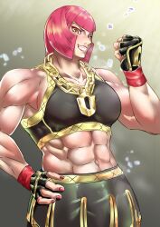 Rule 34 | abs, chain, gloves, gold chain, highres, jewelry, marisa (street fighter), midriff, muscular, muscular female, nail polish, necklace, raised fist, red hair, street fighter, street fighter 6