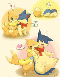 Rule 34 | 0 0, 2013, :3, ?, artist name, blush, blush stickers, buizel, clothed pokemon, creatures (company), cyndaquil, dated, egg, fang, floatzel, game freak, gen 2 pokemon, gen 4 pokemon, heart, highres, ivan (ffxazq), multiple tails, musical note, nintendo, no humans, one eye closed, open mouth, pokemon, pokemon (creature), quaver, quilava, red eyes, scarf, shaking, smile, speech bubble, spoken heart, spoken musical note, spoken question mark, tail, trembling, typhlosion, wink
