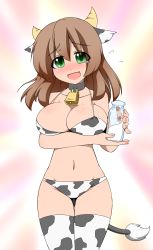 Rule 34 | 1girl, animal ears, animal print, bell, bikini, blush, breasts, brown hair, cleavage, cow, cow ears, cow girl, cow print, cow tail, female focus, green eyes, highres, horns, kaz (shade), large breasts, long hair, looking at viewer, makihara nodoka, milk, navel, open mouth, original, simple background, smile, solo, standing, swimsuit, tail, thighhighs