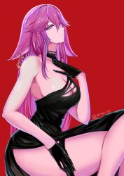 Rule 34 | 1girl, absurdres, alternate costume, animal ears, bare arms, bare shoulders, black choker, black dress, black gloves, breasts, choker, cleavage, commentary request, dress, fox ears, genshin impact, gloves, hair between eyes, hand on own chest, highres, large breasts, long hair, looking at viewer, pink hair, purple eyes, red background, ritou08, simple background, single-shoulder dress, sitting, solo, thigh strap, thighs, very long hair, yae miko