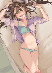 Rule 34 | 1girl, bed, bra, breasts, brown hair, cowboy shot, from behind, green bra, green panties, hair between eyes, hair ribbon, highres, kantai collection, long hair, looking at viewer, open clothes, open mouth, panties, panty pull, purple shirt, ribbon, shirt, small breasts, smile, solo, teeth, tone (kancolle), twintails, underwear, upper teeth only, yami (m31)