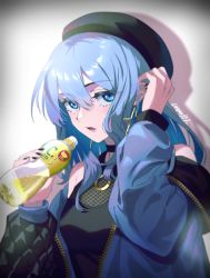 Rule 34 | 1girl, beret, blue eyes, blue hair, bottle, c.c. lemon, earrings, grey hat, grey jacket, hair between eyes, hat, highres, holding, holding bottle, hololive, hoshimachi suisei, jacket, jewelry, juice, long sleeves, looking at viewer, medium hair, memetaroh, open clothes, open jacket, open mouth, signature, solo, star (symbol), star earrings, upper body, virtual youtuber