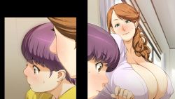 Rule 34 | 1boy, 1girl, age difference, blush, breasts, brown hair, character request, charm point, child, cleavage, curvy, green eyes, hetero, highres, huge breasts, indoors, jewelry, long hair, looking at another, mature female, oba-san to boku no h na obenkyou, purple hair, ring, smile, swept bangs, wedding band