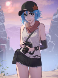 1girl absurdres arm_warmers bag bare_shoulders baseball_cap black_eyes black_shorts blue_hair camera contrapposto cowboy_shot cutoffs erka_(veyonis) handbag hat highres holding holding_camera leaf_print maple_leaf_print mountain mountainous_horizon neckerchief original plant red_neckerchief short_hair short_shorts shorts single_arm_warmer sky solo sun tank_top veyonis white_tank_top