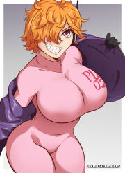 1girl breasts cleavage female_focus hair_over_one_eye huge_breasts large_breasts naughty_face one_piece orange_hair solo thick_thighs thighs vegapunk_lilith