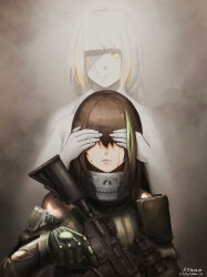 Rule 34 | 2girls, armor, assault rifle, black gloves, blunt bangs, brown hair, chinese commentary, commentary, covering another&#039;s eyes, eyepatch, fallenspherell, frown, girls&#039; frontline, gloves, green hair, gun, hair over eyes, highres, holding, holding gun, holding weapon, m16a1 (boss) (girls&#039; frontline), m16a1 (girls&#039; frontline), m4a1 (girls&#039; frontline), m4a1 (mod3) (girls&#039; frontline), mixed-language commentary, multiple girls, rifle, trigger discipline, twitter username, weapon, yellow eyes