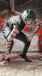 1girl blood burn_scar green_hair highres jujutsu_kaisen scar shirt short_hair sleeveless sleeveless_shirt spoilers yellow_eyes yorunue_ro zen&#039;in_maki