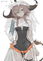 Rule 34 | 1girl, alternate costume, animal ears, arknights, black flower, black shirt, blood, blood from mouth, breasts, brown hair, covered navel, cow ears, cow girl, cow horns, cow tail, cowboy shot, flower, flower on head, hair ornament, halloween costume, hand on own hip, highres, horns, long hair, looking at viewer, mummy costume, pallas (arknights), see-through, see-through skirt, shirt, silk, simple background, skirt, small breasts, solo, spider web, stitches, tail, thigh strap, white background, x hair ornament, yumingtongxue