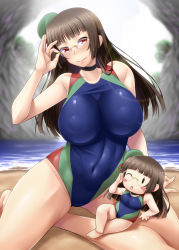 Rule 34 | 10s, 2girls, adjusting eyewear, alternate costume, ayato, bare arms, bare legs, bare shoulders, barefoot, beach, blush, blush stickers, breasts, brown hair, chibi, choker, choukai (kancolle), competition swimsuit, covered navel, dual persona, covered erect nipples, glasses, hat, highres, hime cut, kantai collection, large breasts, long hair, looking at viewer, mini hat, multiple girls, one-piece swimsuit, red eyes, rimless eyewear, smile, solid oval eyes, swimsuit
